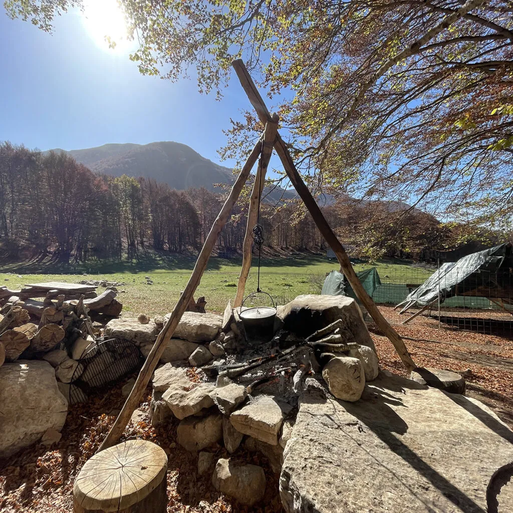 Fuoco da campo spento con treppiede di legno su un muretto di pietre, tra alberi d'autunno e montagne